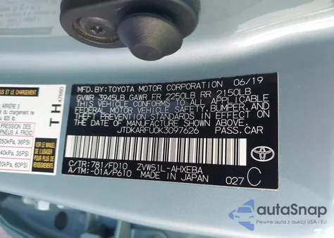 2019 Toyota Prius Le z USA, uszkodzony, nr VIN JTDKARFU0K3097626